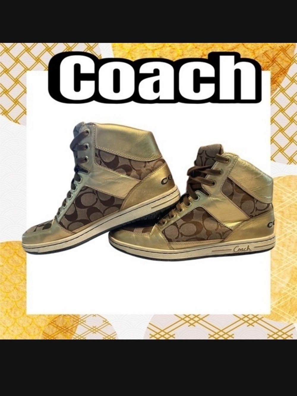 Coach Norra Gold Leather High Tops Sneakers Signature Print A1431 Size 9โ
